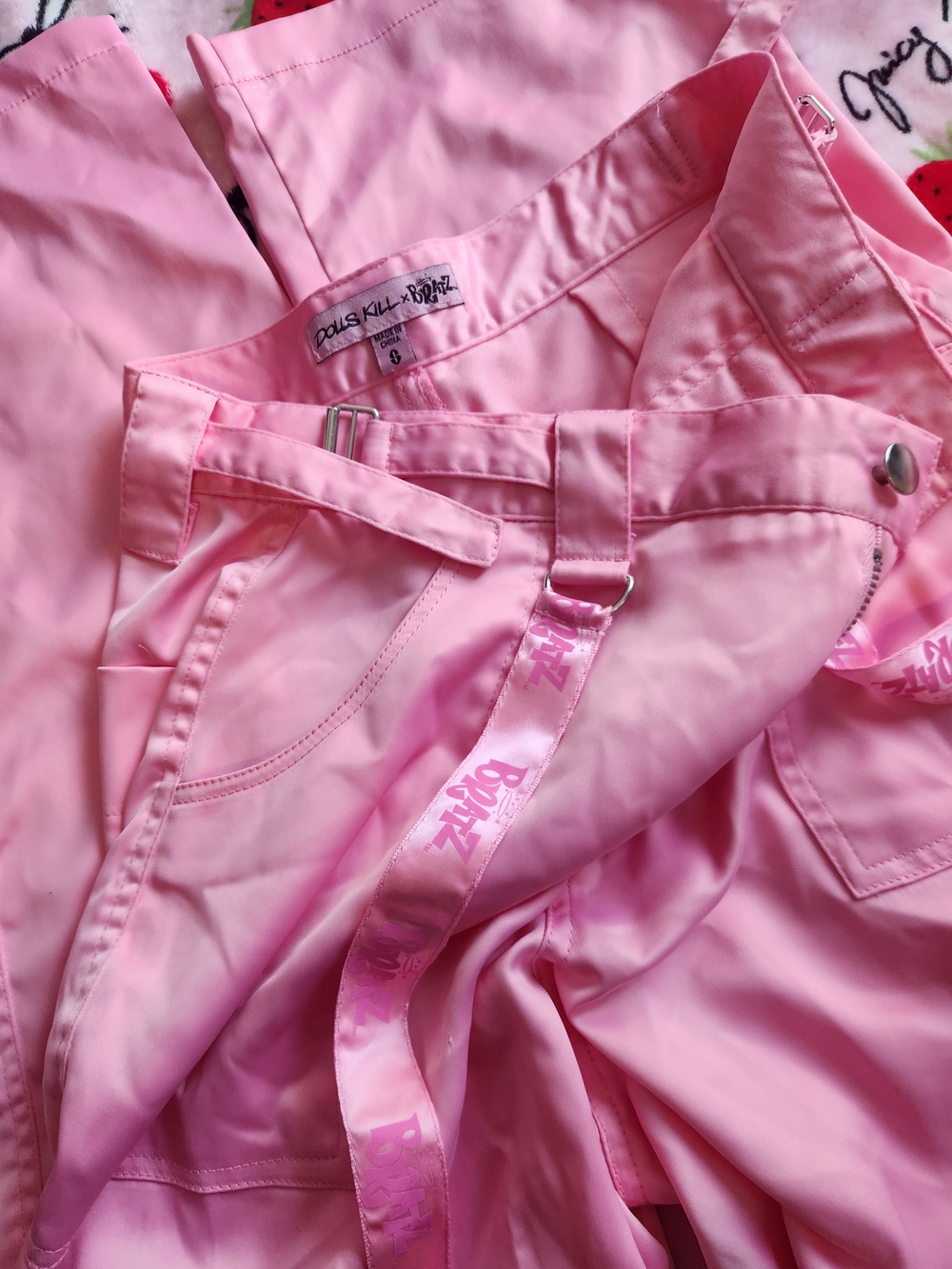 Dolls Kill Pink Wide Leg Cargo Jumpsuit Pants with Straps - Picture 3 of 8
